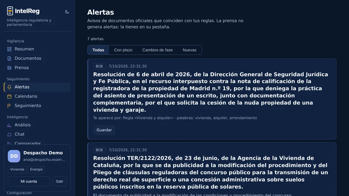 Pantalla de alertas y reglas