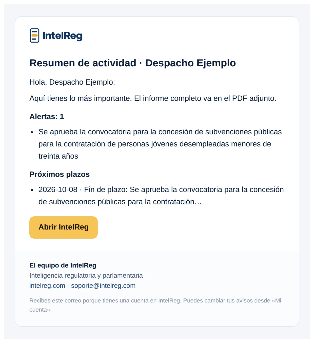 Correo de resumen con una alerta y un plazo
