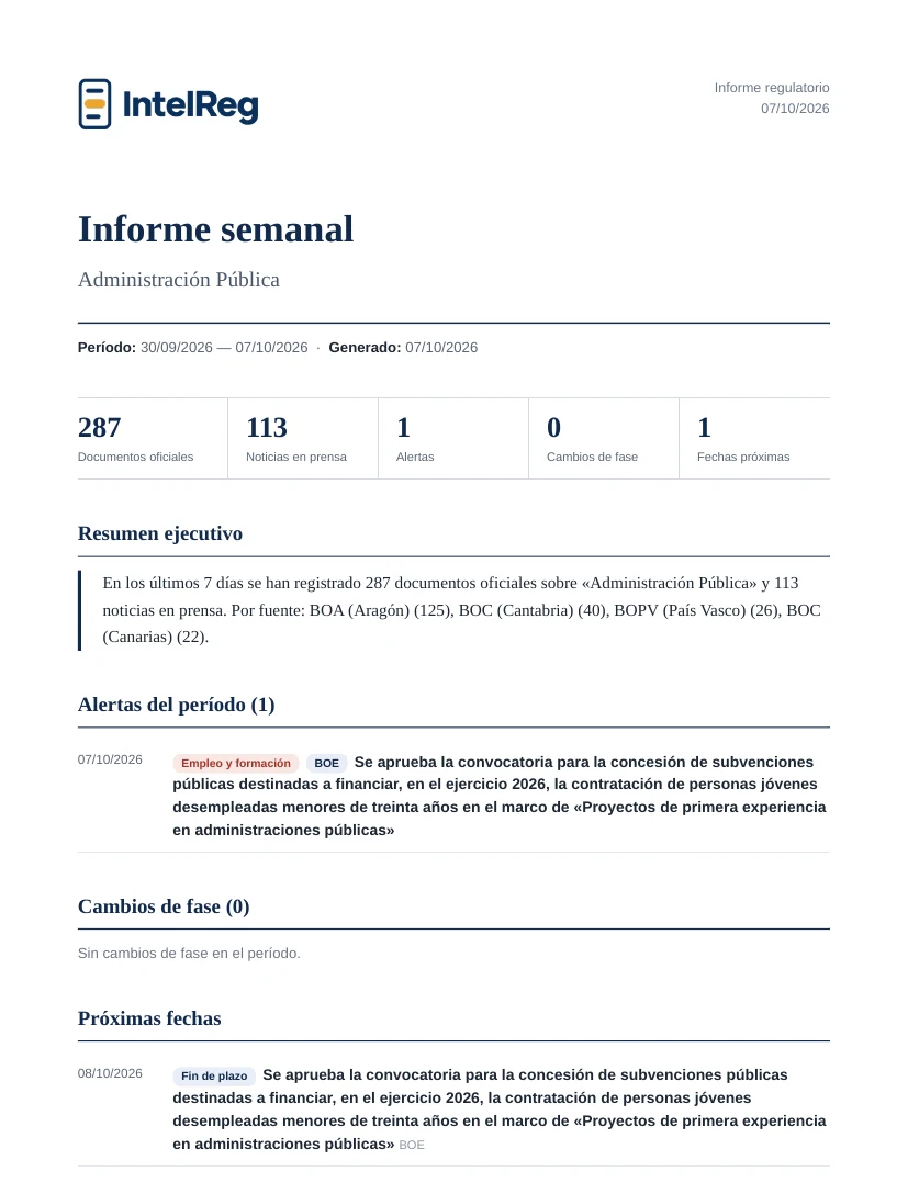Primera página de un informe semanal en PDF